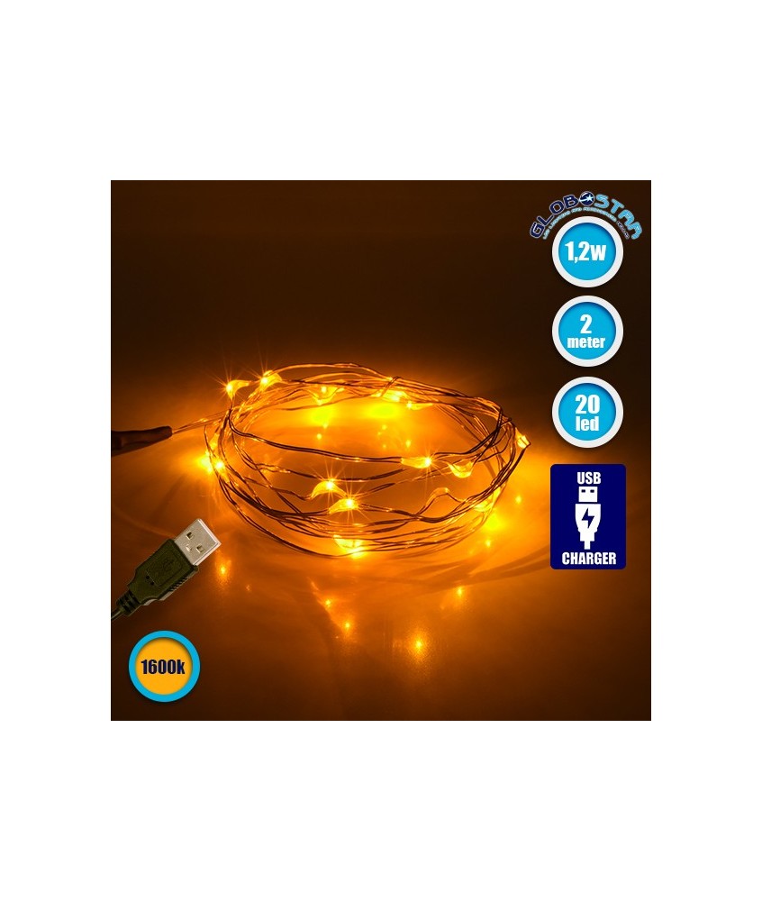 GLOBOSTAR® STRINGLIGHT 79710 Γιρλάντα 2m 20 LED 1.2W 60lm 360° DC 5V με USB 2.0 IP20 Ultra Θερμό Λευκό 2200Κ Dimmable - Χάλκινο - Μ200 x Π0.6 x Υ0.6cm - 1 Χρόνο Εγγύηση